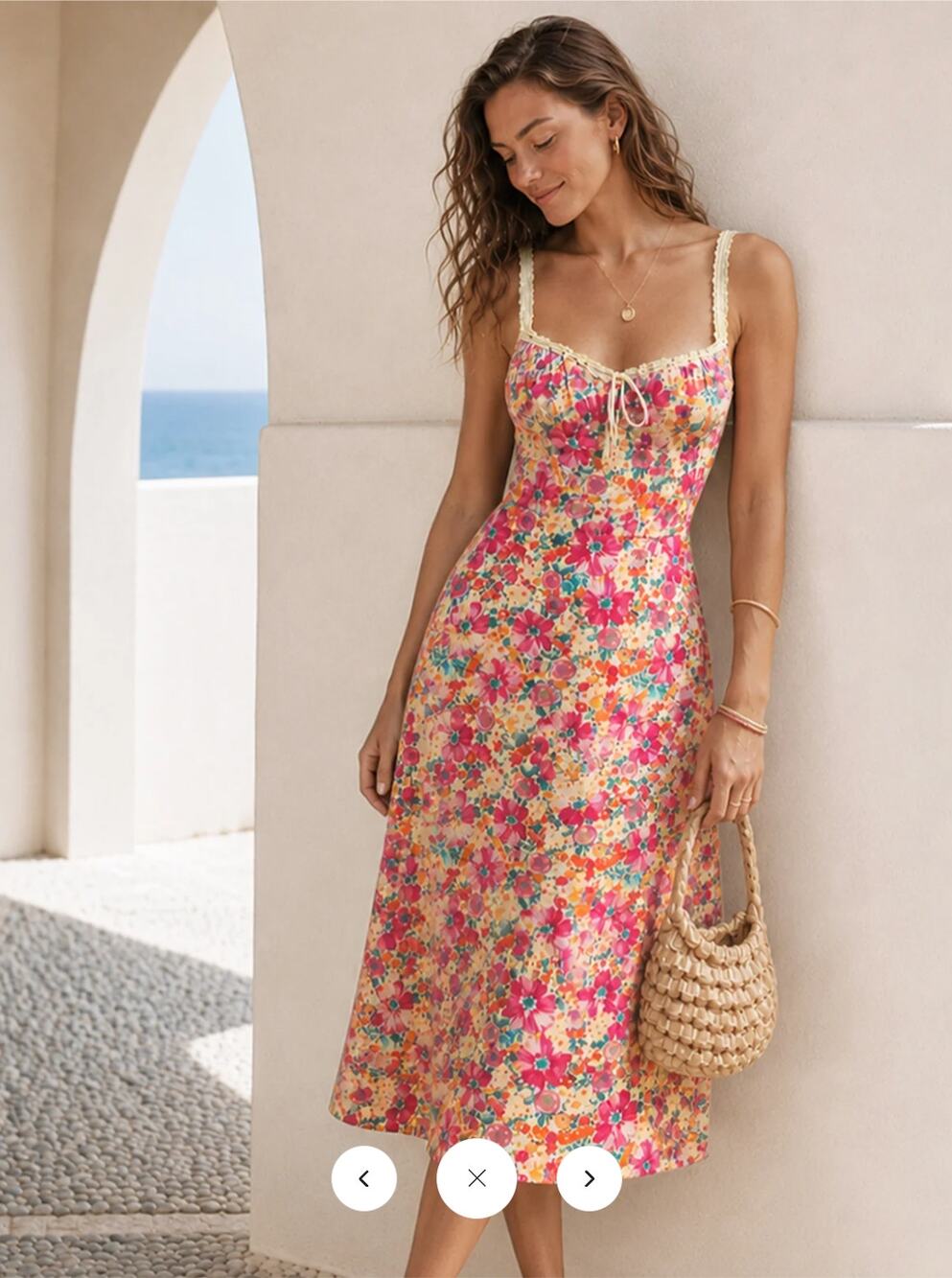 NWT Commense Lace Strap Tie Front Floral Midi Dress Sz XS